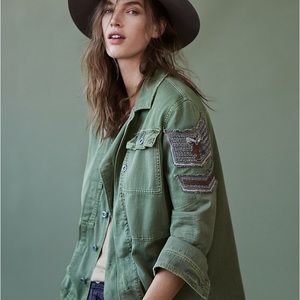 Free People Embellished Military Shirt Jacket Army